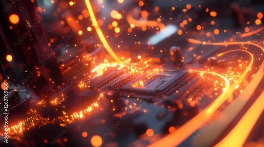 Aufkleber glowing orange energy streams flow across a computer circuit board.