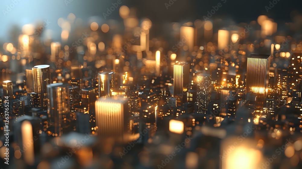 Poster miniature glowing cityscape with illuminated skyscrapers at dusk, creating magical bokeh effect with