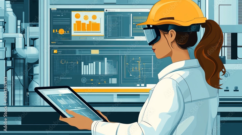 Poster female engineer in a factory reviewing data on a tablet and large monitors.