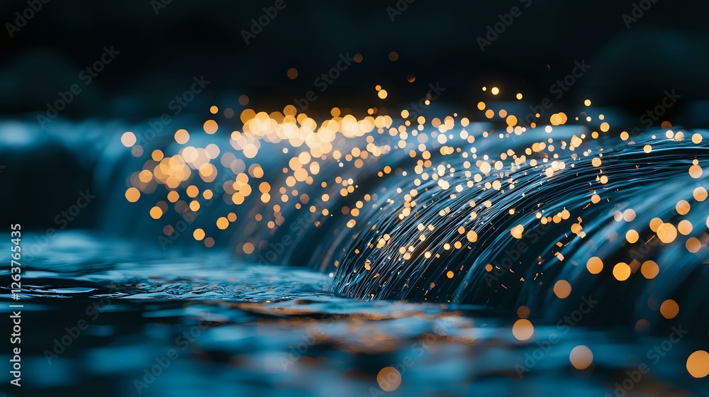 Poster magical water surface with glowing golden bokeh lights and ripples creating dreamy atmosphere. dark 