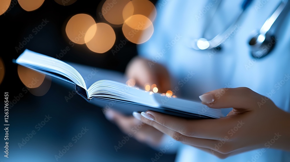 Poster reading open book in soft evening light with blurred bokeh background and gentle hands holding pages