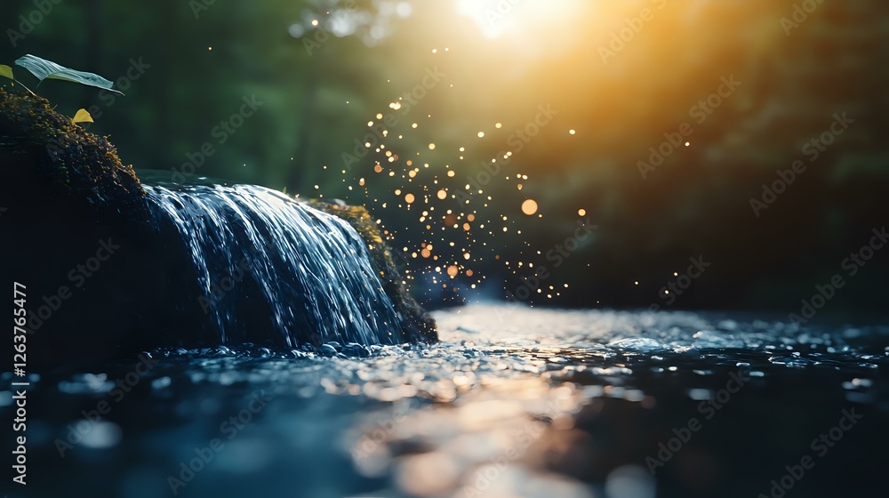 Poster magical waterfall stream with glowing particles in sunlight, close-up nature shot with shallow depth