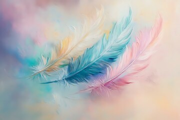 Obraz premium Delicate feathers in pastel pink, turquoise and gold float weightlessly against dreamy bokeh background, creating soft ethereal mood for spiritual and wellness designs.