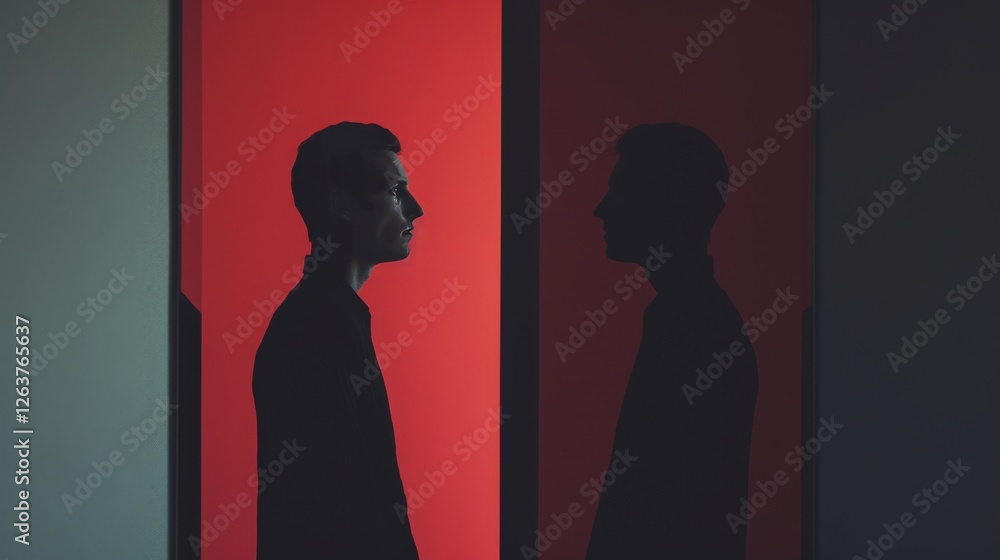 Poster a solitary man reflected in a bold red and black abstract background, creating a striking visual met