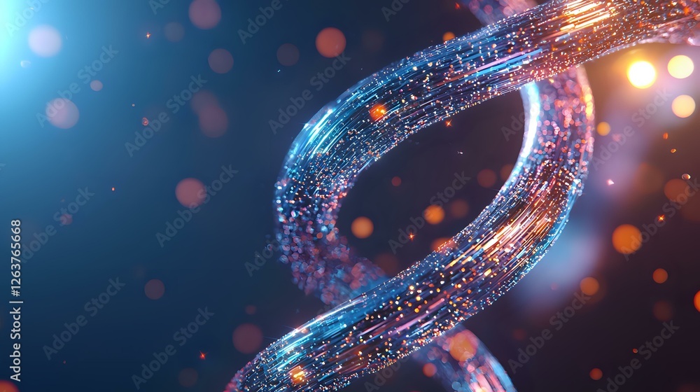 Poster glowing dna helix structure with sparkles and particles on dark blue background, genetic science con