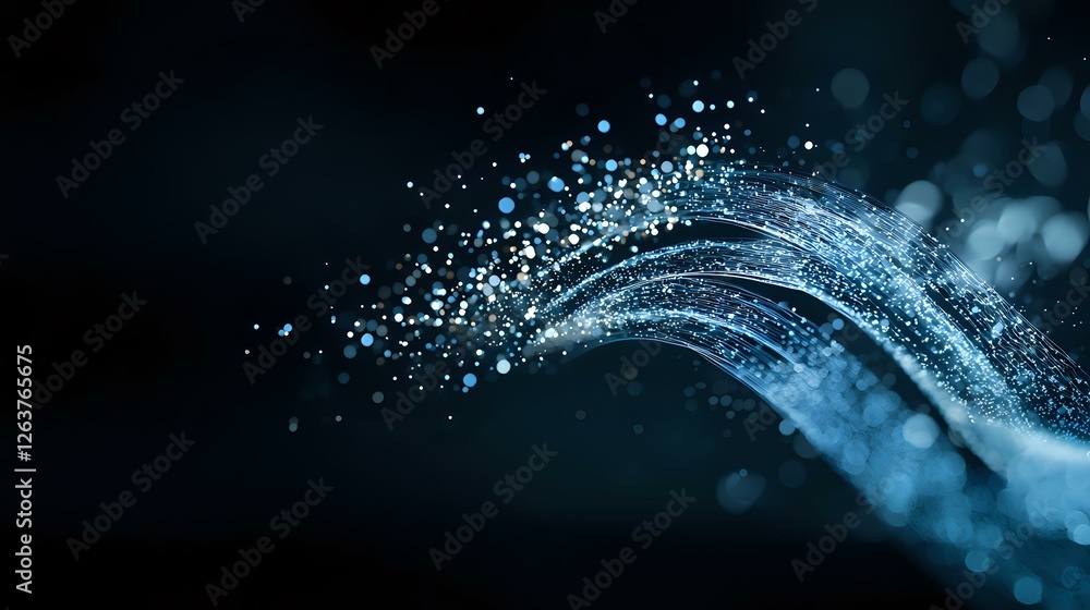 Poster glowing blue particles flow in curved lines against dark background creating dynamic motion effect w