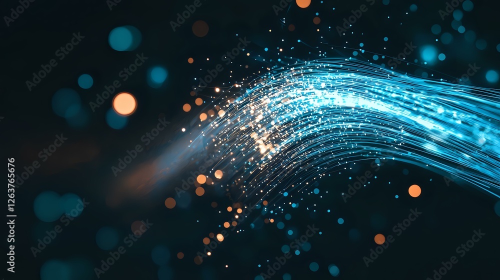 Aufkleber glowing blue fiber optic strands with orange light particles against dark background create dynamic 