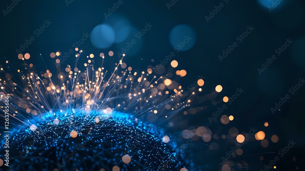 Poster glowing blue and orange light particles emanating from curved surface with bokeh effect against dark