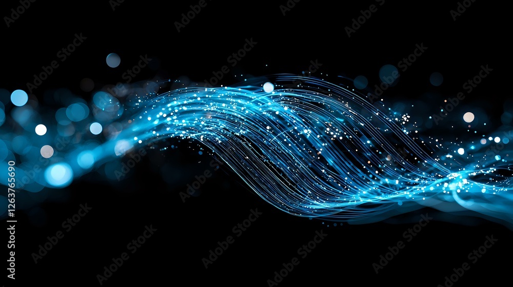 Poster glowing blue wave of light streams and particles flowing on dark background with bokeh effect create