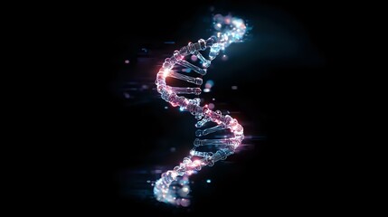 Glowing DNA helix structure with pink and blue light effects on black background, molecular biology concept for science and medical research presentations.