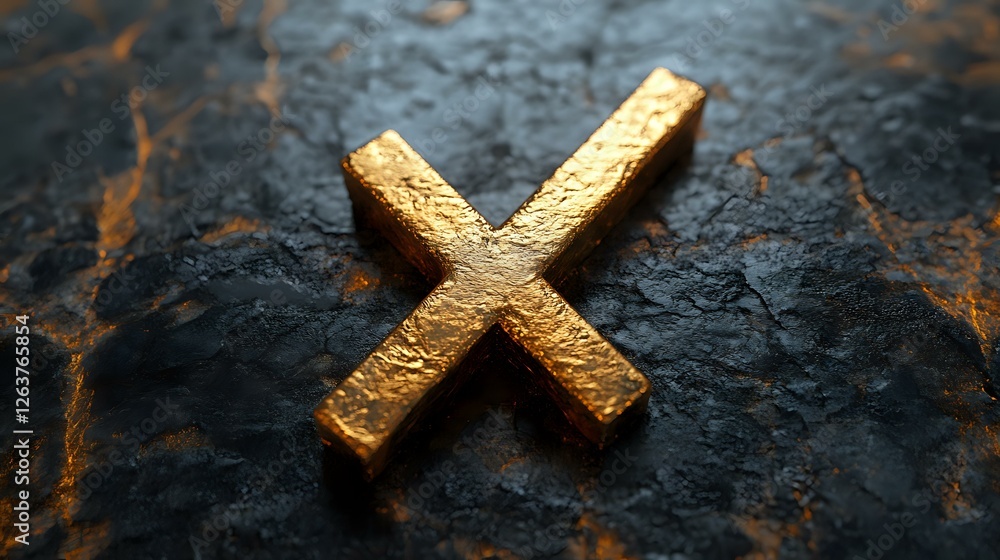 Poster golden metallic x symbol on dark textured background with rust accents, dramatic lighting creates de