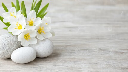 Naklejka premium White flowers, stones, wood background; spa, wellness