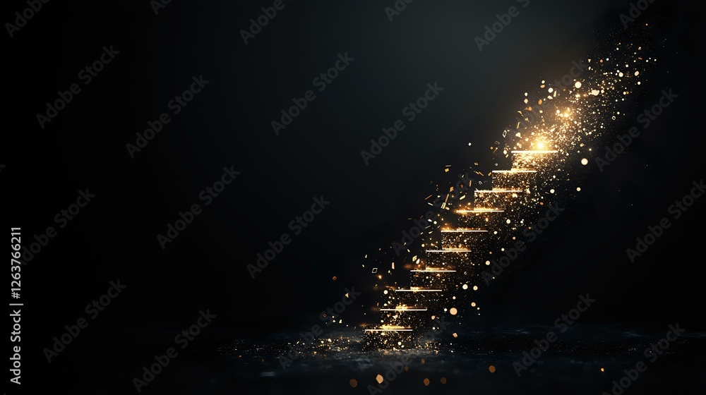 Poster glowing golden stairway ascending into darkness with magical sparkles and light particles creating m