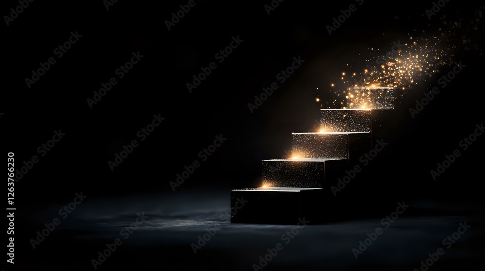 Poster mysterious glowing steps ascending in darkness with magical sparkles and light effects creating dram