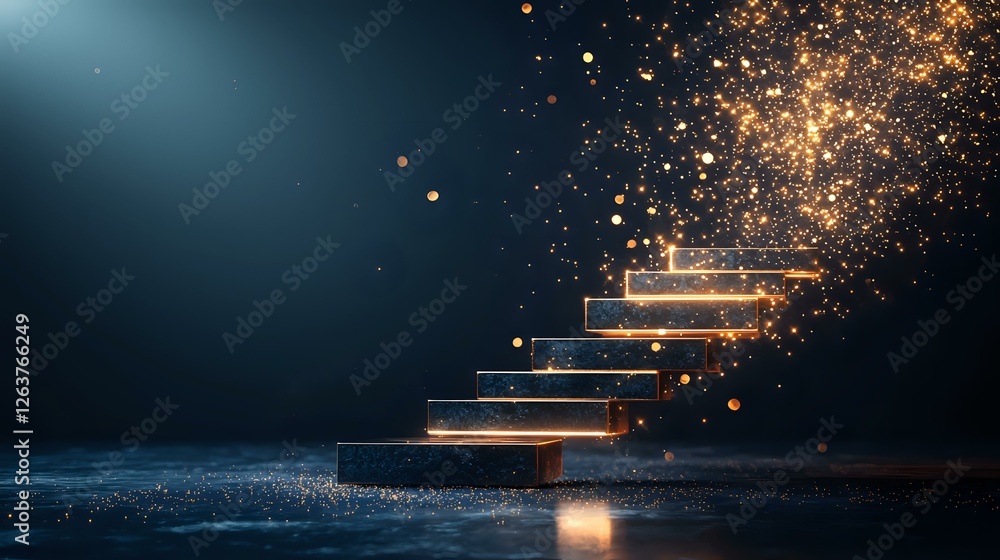 Poster glowing steps floating in dark space with magical golden particles and light effects creating mystic