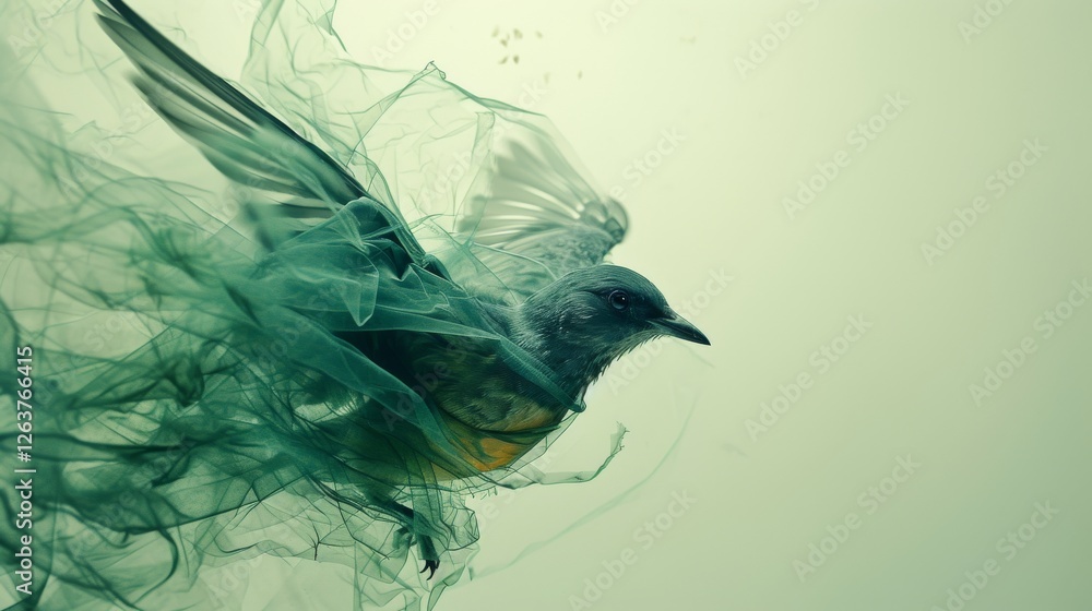 Aufkleber a striking image of a bird soaring with vibrant, smoky green patterns trailing its body, creating a 