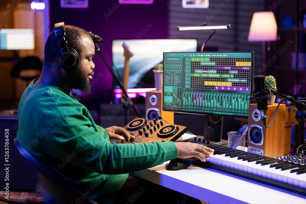 Poster sound producer operating on mixing console and piano keys in home studio, editing his audio recorded