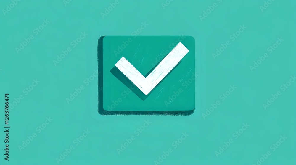 Poster white checkmark symbol on turquoise square background with soft shadow effect, isolated design eleme