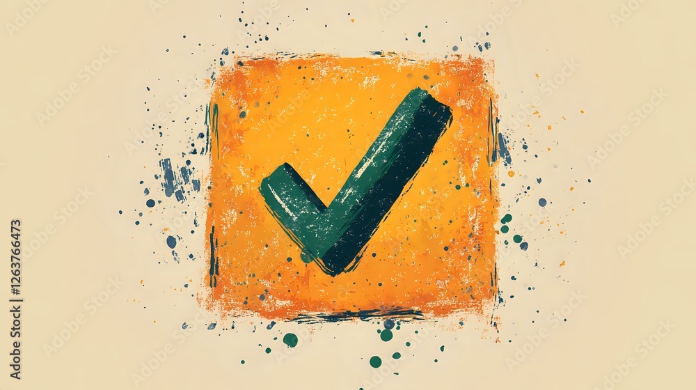 Poster green checkmark on orange square background with artistic paint splatter effect and grunge texture c