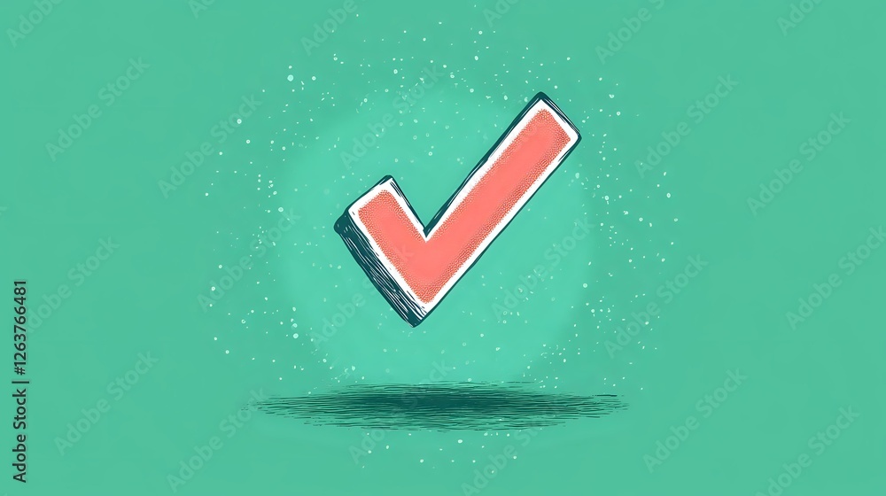 Poster floating coral-colored checkmark symbol with soft shadow on mint green background, surrounded by sub