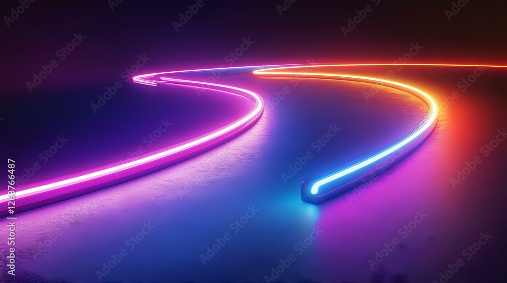 Poster glowing neon light trails curve into distance on dark background, creating futuristic path with purp