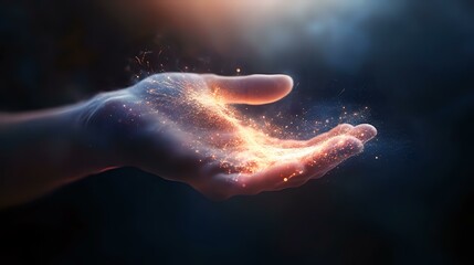 Open palm holding glowing magical light with sparkling particles against dark background, mystical energy concept for spiritual and fantasy designs.
