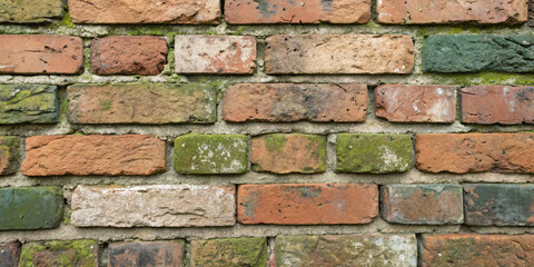 Obraz premium Authentic reclaimed brick texture with uneven, aged bricks, hints of green moss, and weathered surfaces