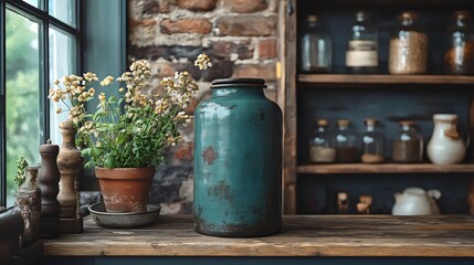 Obraz premium A blue vase with flowers sits on a wooden table
