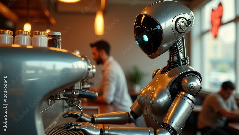 Poster robot standing front coffee machine coffee shop robot silver color has round head blue light top hol