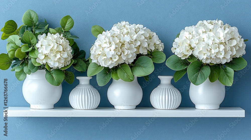 Canvas Prints White hydrangeas in vases on shelf, blue wall. Home decor