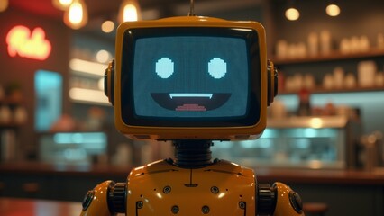 yellow robot large screen its head screen has smiley face two big eyes small nose robot has two arms two legs its body metal background blurred appears restaurant cafe counter shelves various items