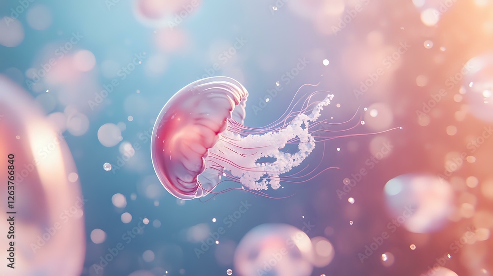 Poster pink jellyfish floating in dreamy underwater scene with bokeh lights and soft gradient background, c