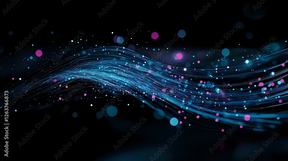 Poster glowing blue and purple waves with luminous particles flow through dark space creating magical light