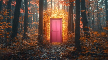 Obraz premium Magical Pink Door in Enchanted Autumn Forest - Surreal Fantasy Concept