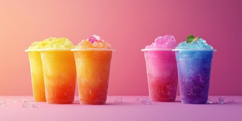 Colorful frozen drinks in clear cups arranged on a vibrant background during bright daylight
