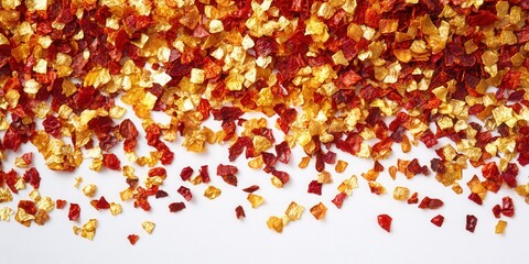 A textured tapestry of dried red and gold petals against a pristine white backdrop, their delicate patterns forming an organic mosaic