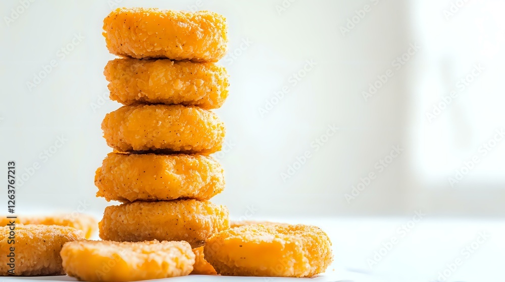 Poster Golden crispy chicken nuggets stacked in tower formation on white surface, close-up view showing breaded texture and warm appetizing color against bright background.