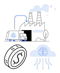 Recycling truck near factory, coin symbolizing economy, cloud with brain denoting AI, innovation, and sustainability. Ideal for eco-tech, AI impact, green economy, industrial future innovation