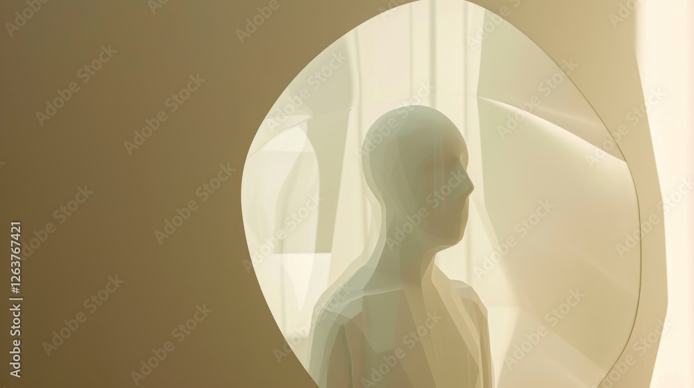 Poster elegant and minimalist depiction of a human figure behind translucent layers, illuminated by warm an
