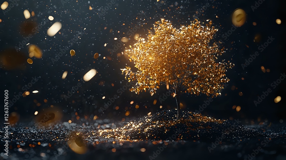 Poster magical glowing golden tree silhouette against dark background with floating sparkles and particles 