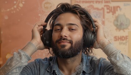 A relaxed listener enjoying a podcast on headphones, immersed in sound waves.