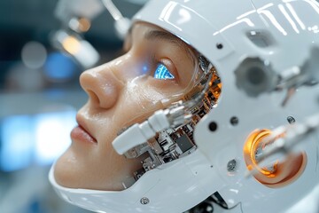 This close-up image features a humanoid robot's face, showcasing realistic textures and illuminated internal mechanisms, highlighting the future of robotics in our lives.