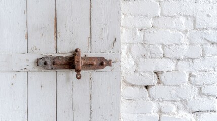 Rustic white door latch on brick wall; interior design