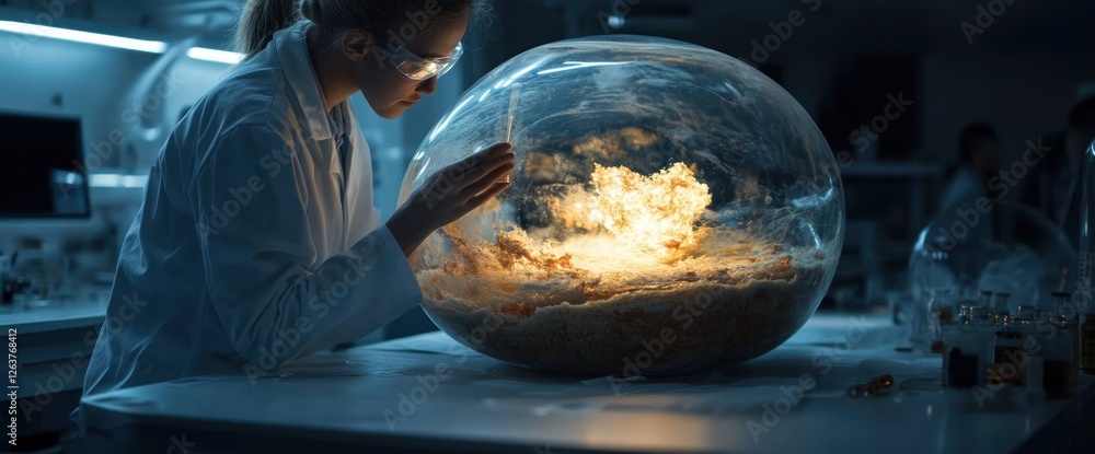 Poster scientist studying simulated catastrophe in a laboratory