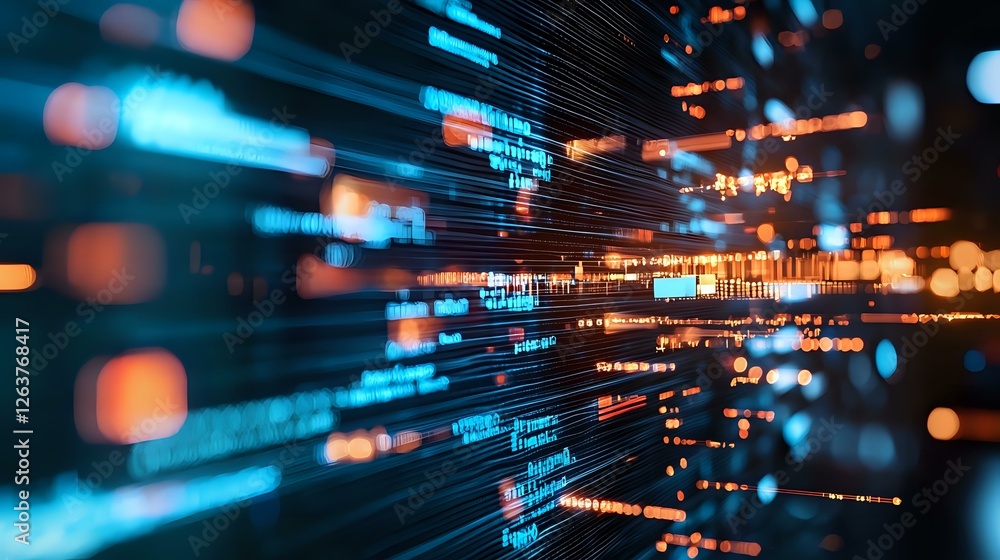 Poster abstract technology background with glowing blue data streams and orange bokeh lights creating dynam