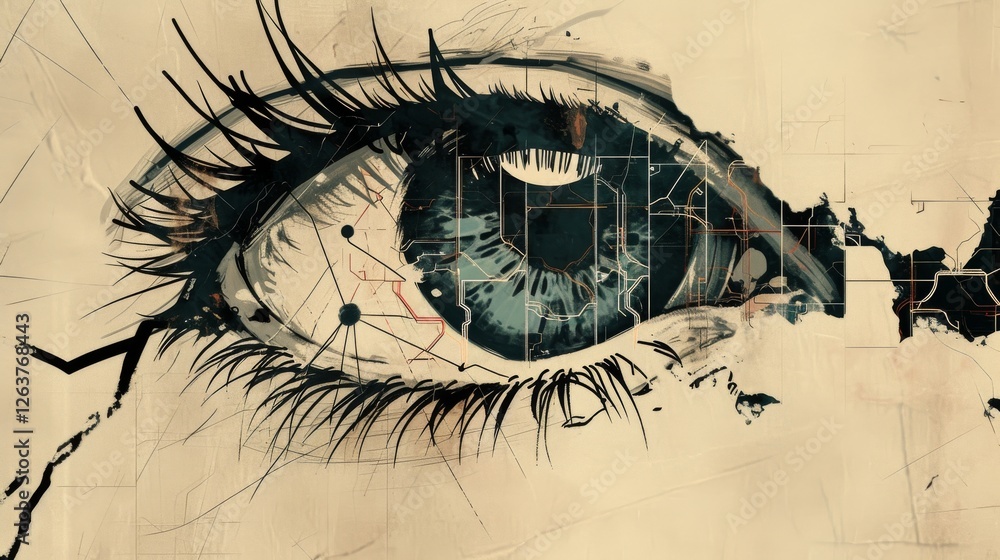 Poster artistic depiction of a cybernetic eye overlaid with abstract digital maps and tech-inspired pattern