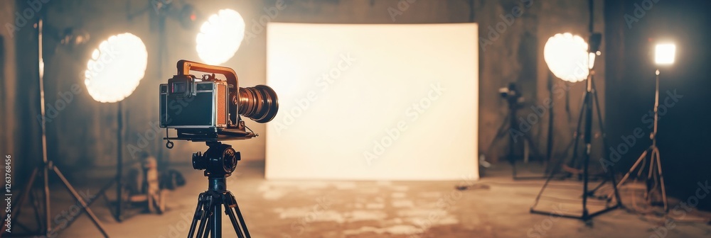 Leinwandbilder vintage camera on tripod in a studio setting with bright lights and a blank backdrop ready for a pho