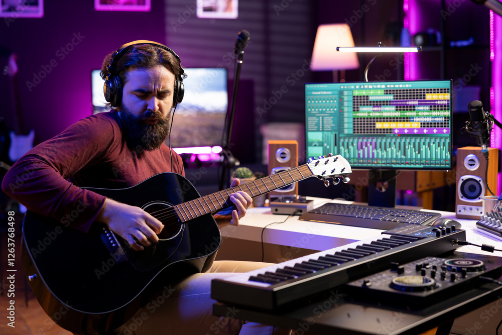 Leinwandbilder Artist recording his acoustic guitar tunes in home studio, using daw software interface on computer. Composer playing new string accords on musical instrument, acoustical engineering.