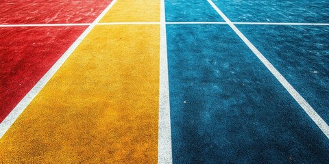 Colorful athletic track surface showing lanes in vibrant red, yellow, and blue shades under bright sunlight during daytime