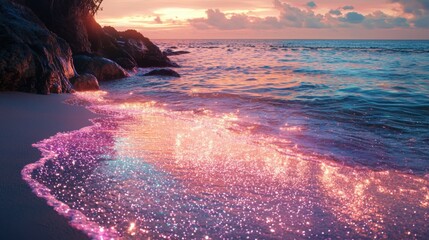 Sunset over the ocean at a beach in paradise with shimmering pink glitter sparkling on the waves as they come ashore. It's magical!